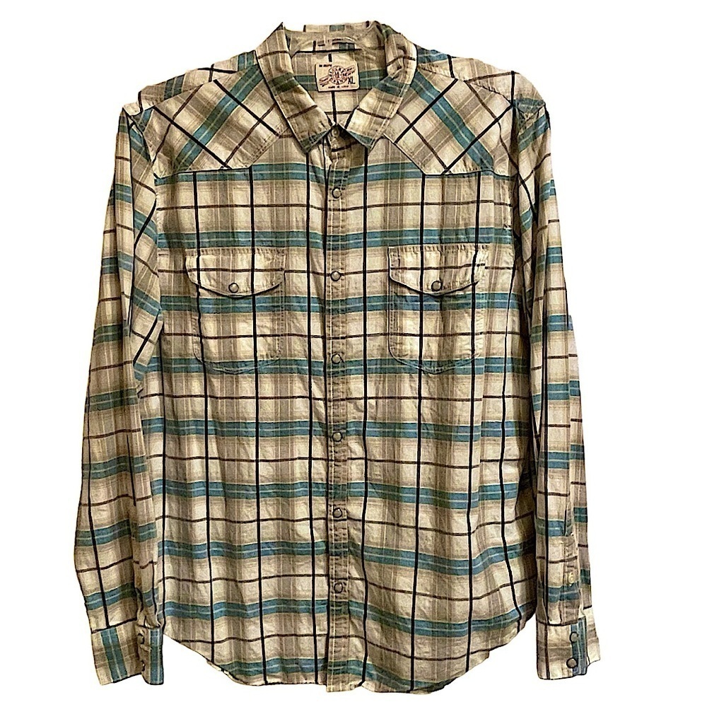 Lucky Brand Plaid Cotton Pearl Snap Western Cowboy Long Sleeve Shirt Size XL